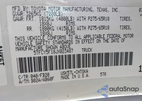 2018 Toyota Tundra Sr5 5.7L V8 from USA, damaged, VIN 5TFCY5F18JX023487